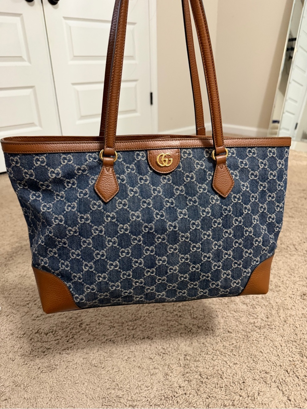 Gucci Denim GG Monogram Tote with Brown Leather Trim